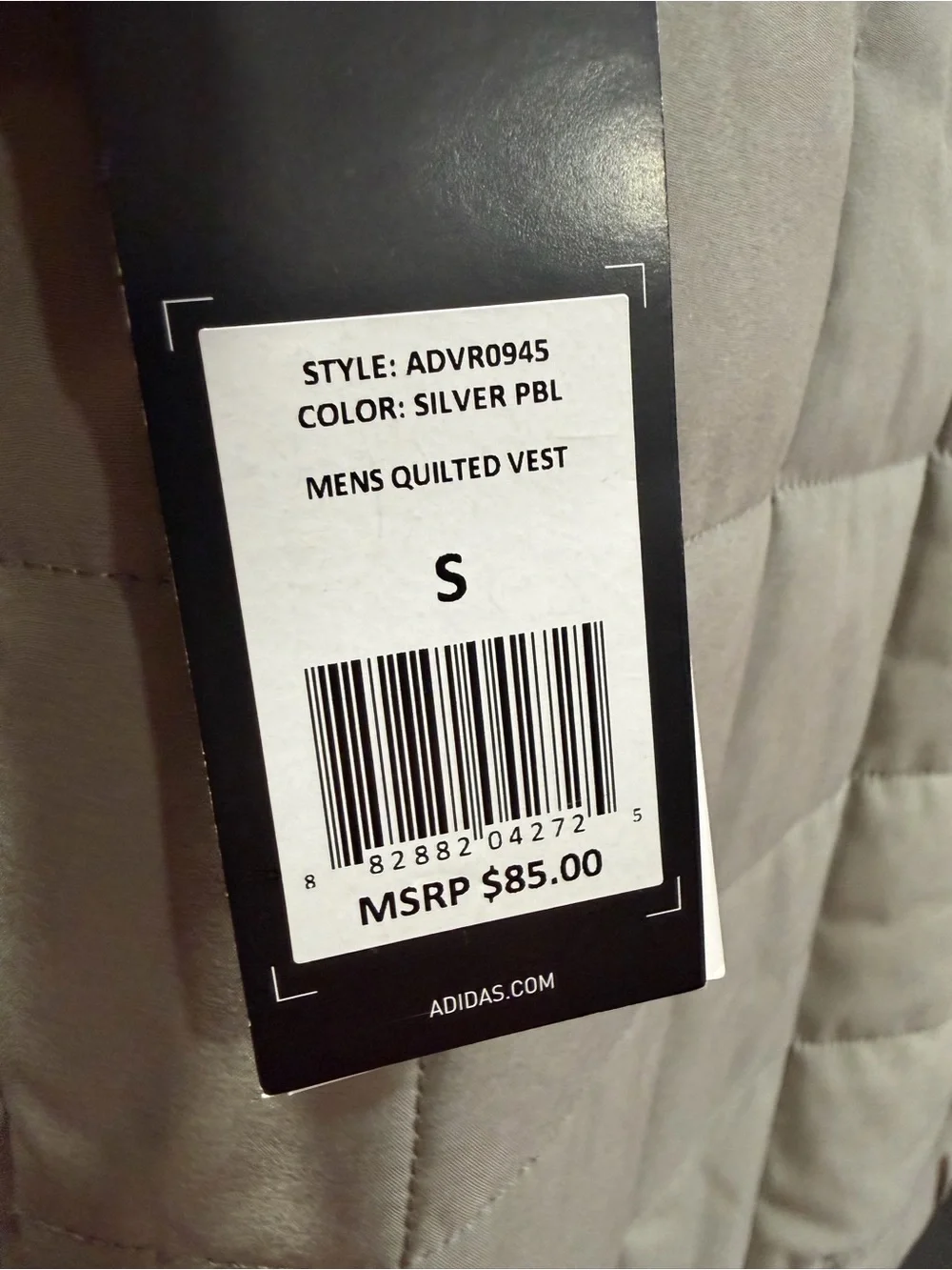 Adidas Men’s Quilted Vest NWT Silver Pebble Full Zip Size Small